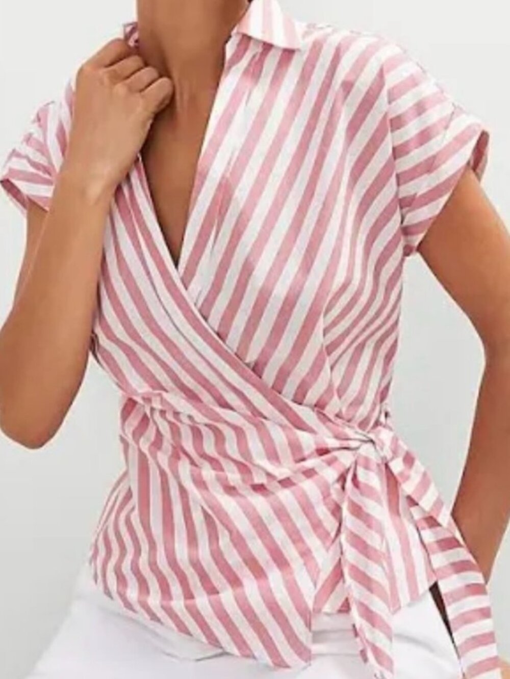 Ann Taylor Pink White Striped Wrap Top Blouse Size XL Cotton